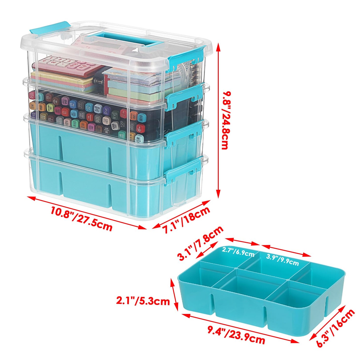 JUXYES 4-Tiers Stack Carry Storage Box With 2 Divided Tray, Transparent Stackable Storage Bin With Handle Lid Latching Storage Container for School & Office Supplies, Blue
