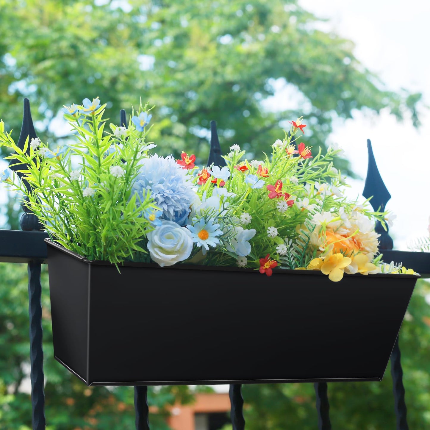 Holensun Railing Planter for Outdoor Plants 16 Inch Metal Rectangular Window Boxes with Adjustable Brackets and Drainage Hanging Flower Pots for Balcony Deck Railings Apartment Patio Decor Black(4PCS)