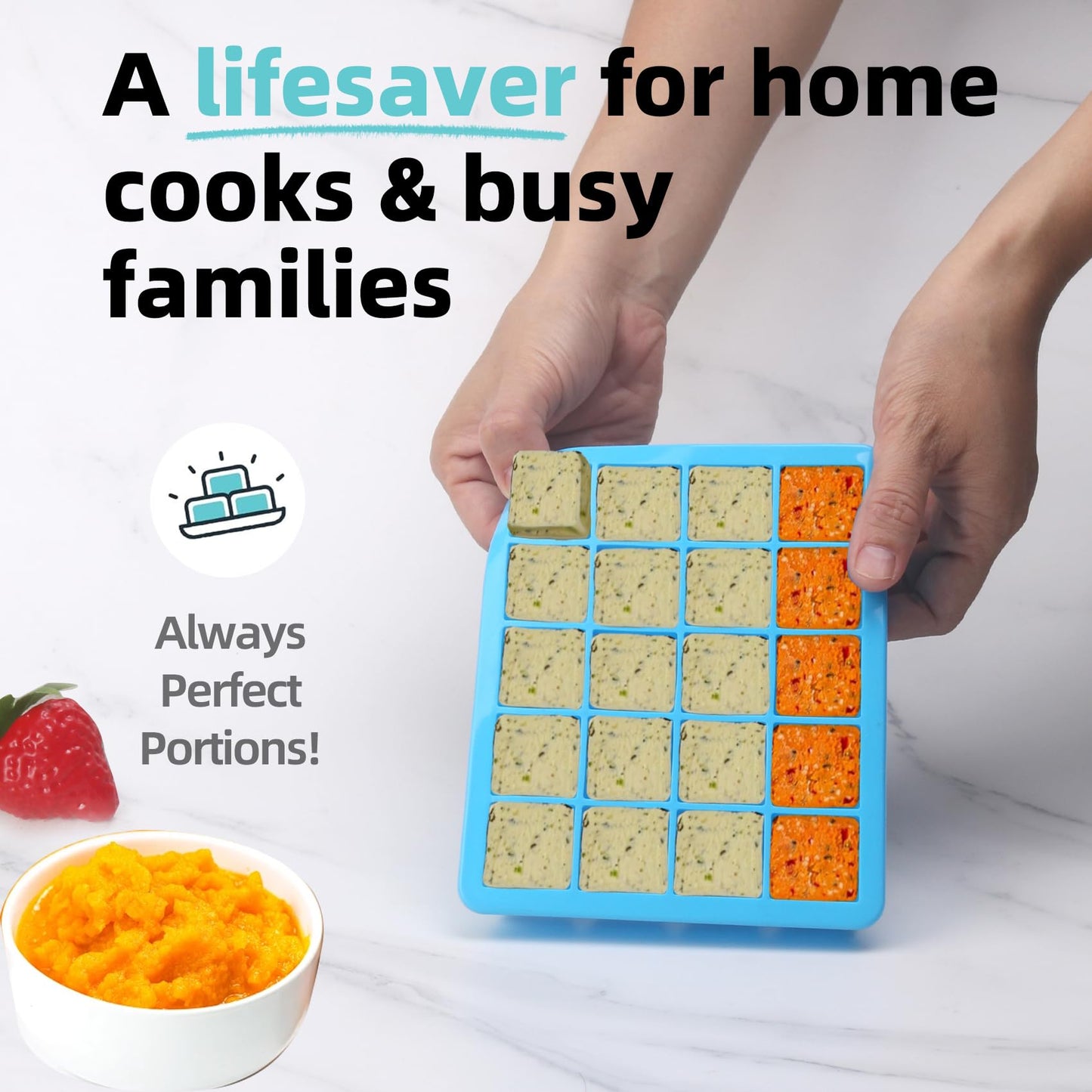 1 Tbsp Silicone Freezer Molds - Perfect for Storing Garlic, Herbs, Ginger, Pesto, Tomato Paste, Lemon Juice,Vegetable Purees,Purees and More - Silicone Food Freezer Tray (Blue 2 Pack)