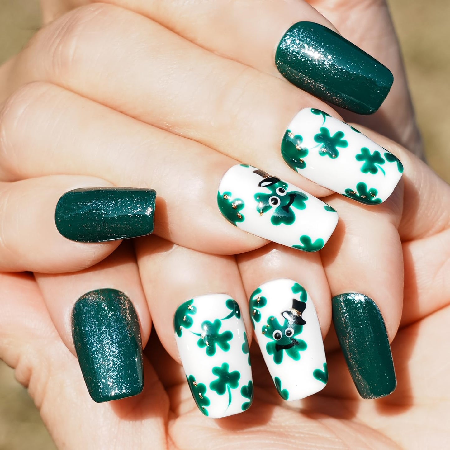 Tesytto Medium Coffin Press On Nails, Green Glitter & White Fake Nails with 3D Green Hat & Clover Print, Handmade Acrylic Nails Glossy Full Cover False Nails (Size S)