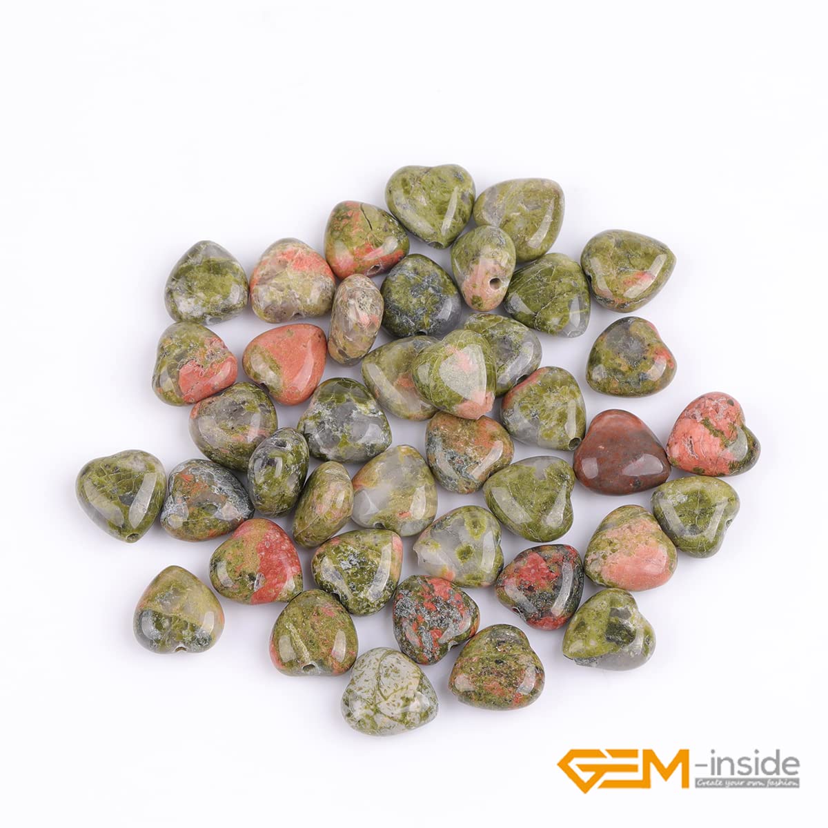 GEM-Inside 10mm Heart Charms Natural Green Unakite Jasper Gemstone Stone Beads for Jewelry Making Full 15" Strand Power Energy Healing Chakra Stone Beads