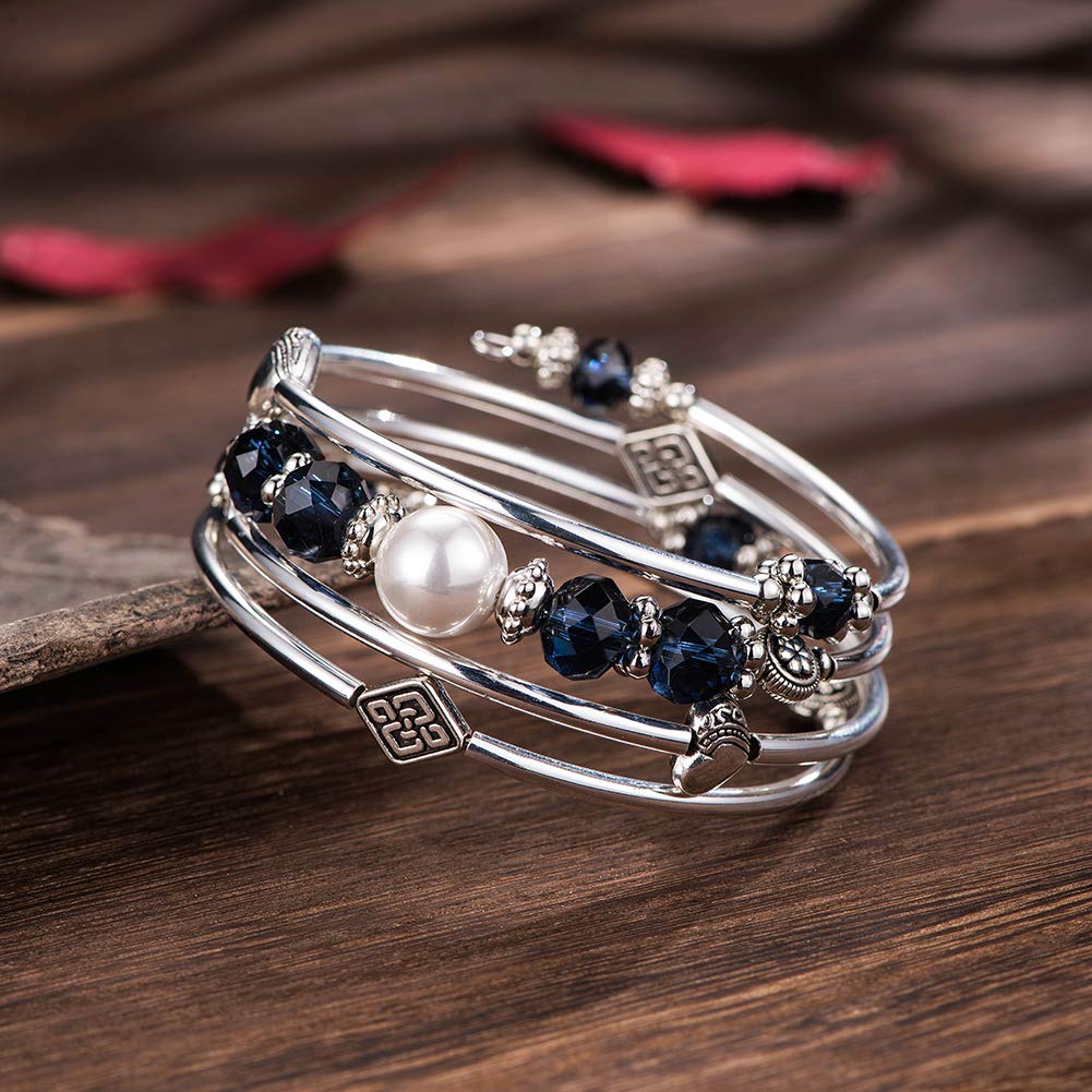 BULINLIN Bead Wrap Bangle Pearl Bracelet - Silver Metal Bracelet Gifts For Women(04-Navy blue)
