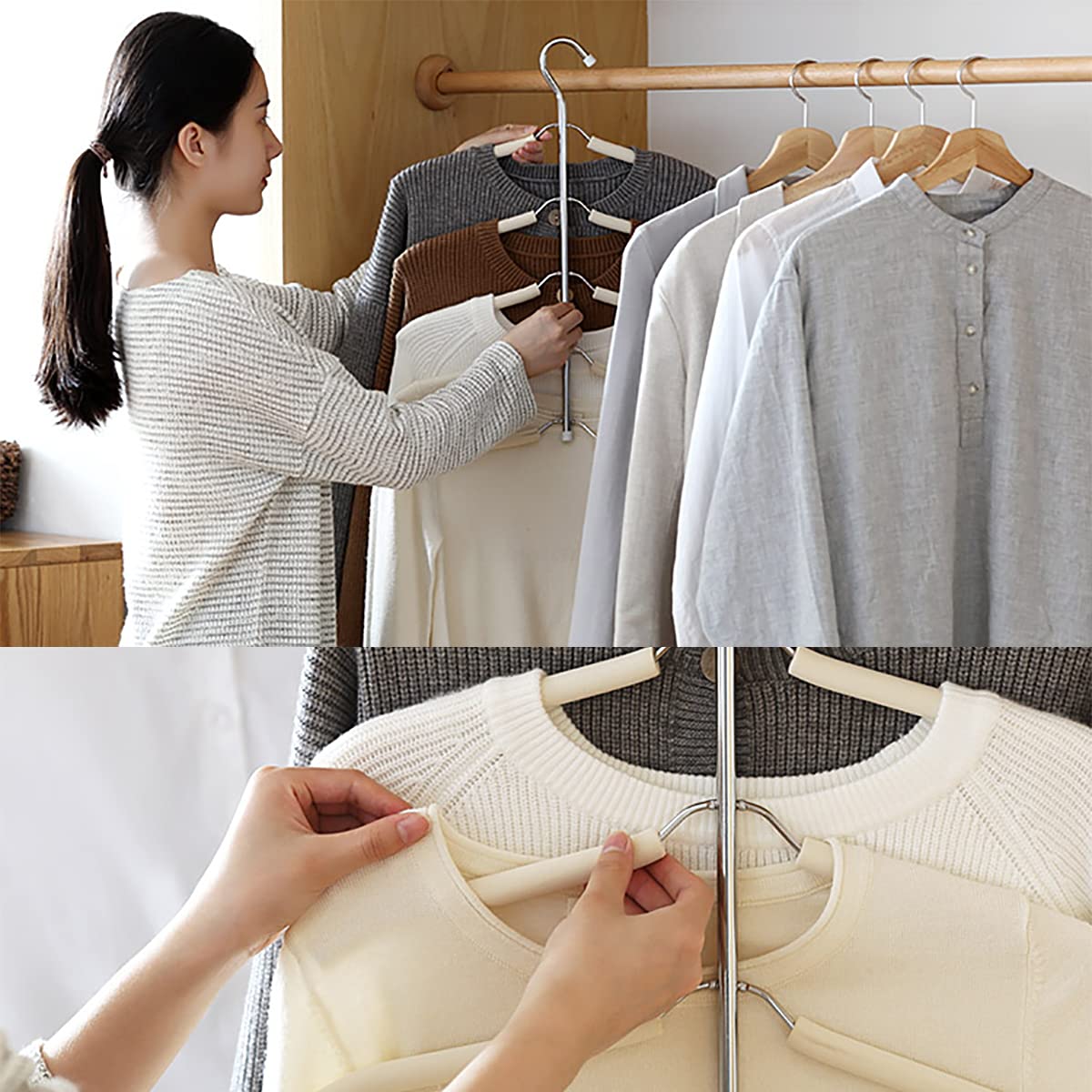 JFFLYIT Blouse Tree Hangers Multi-Layer Clothes Hangers 3 Pack 5 in 1 Non Slip Space Saving Closet Organizer Stainless Steel Shirt Hanger Coats Hangers(3 Pack)