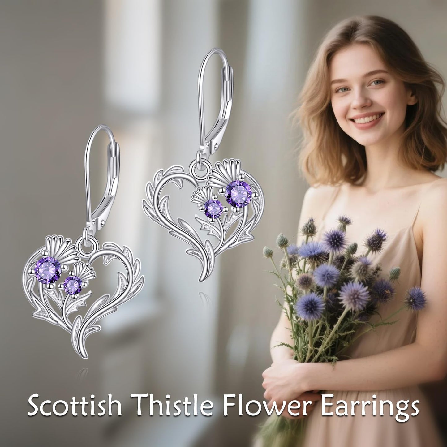 Scottish Thistle Earrings Sterling Silver Heart Scotland Thistle Dangle Dangling Drop Charm Jewelry Gifts for Women