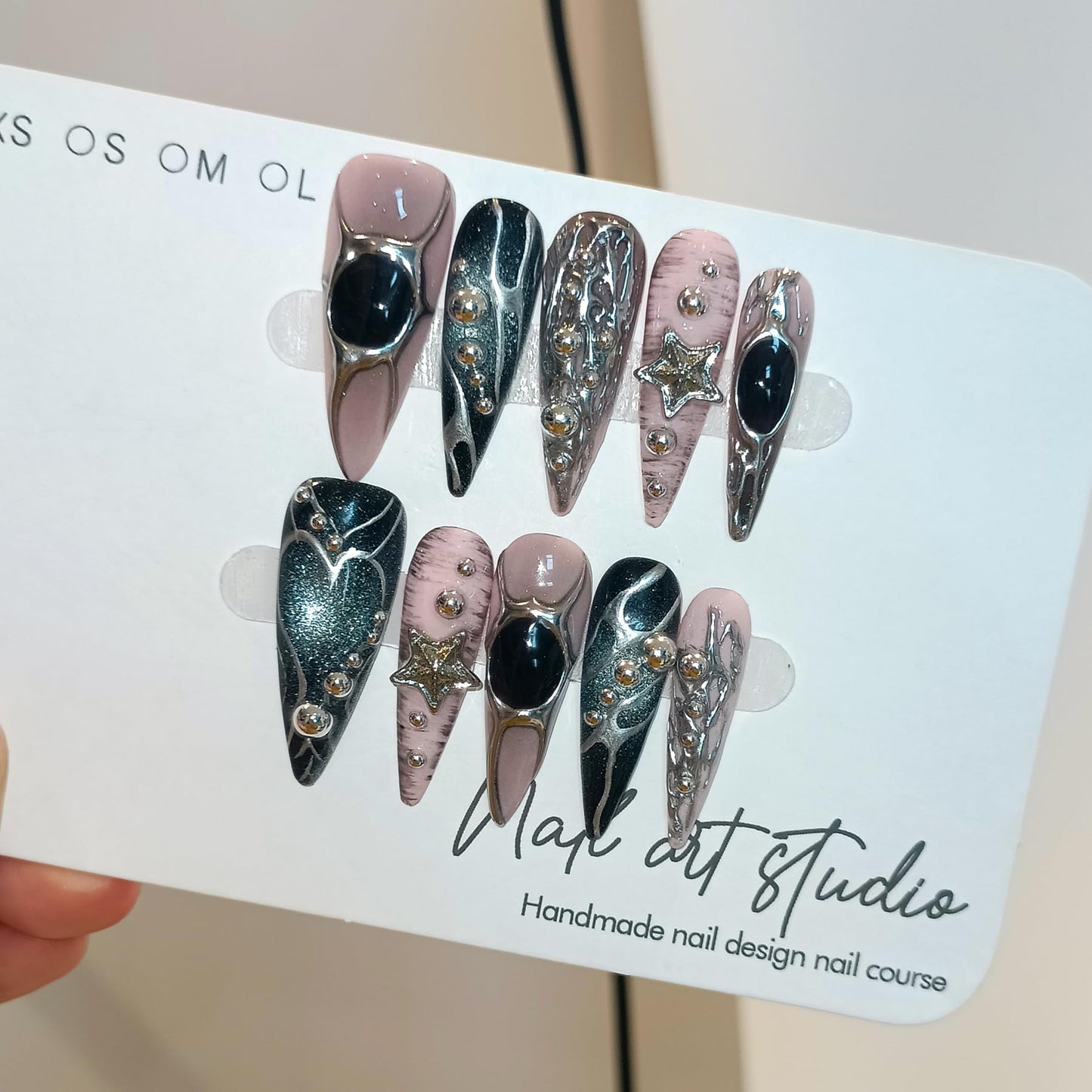 TENPAL Pink Black Press on Nails Long Stiletto,Metal Gothic Fake Nails with Punk Stars Beads,Cat Eye Glitter Edgy Y2K Ins False Nails with Tools,Sweet Grunge Irregular 3D Handmade Nails 10pcs(S)