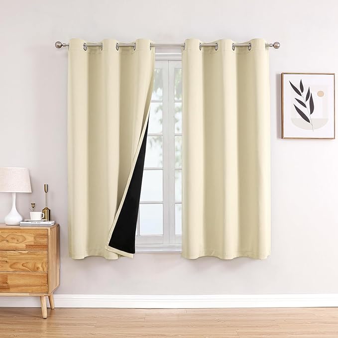 ChrisDowa 100% Blackout Curtains 63 inch Long for Bedroom with Black Liner, 2 Thick Layers Total Blackout Thermal Insulated Grommet Window Curtains 2 Panels Set (Light Beige, 38 x 63 Inch)