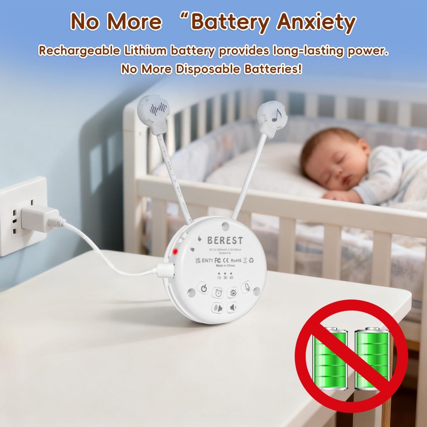BEREST A10 Baby Lovey Music Box with 10 Soothing White Noise Sounds: Heartbeat, Lullabies, Shushing| Cry Sensor| Timer| Recording| Rechargeable Sleep Soother for Newborns| Plush Toy Insert| Baby Gift