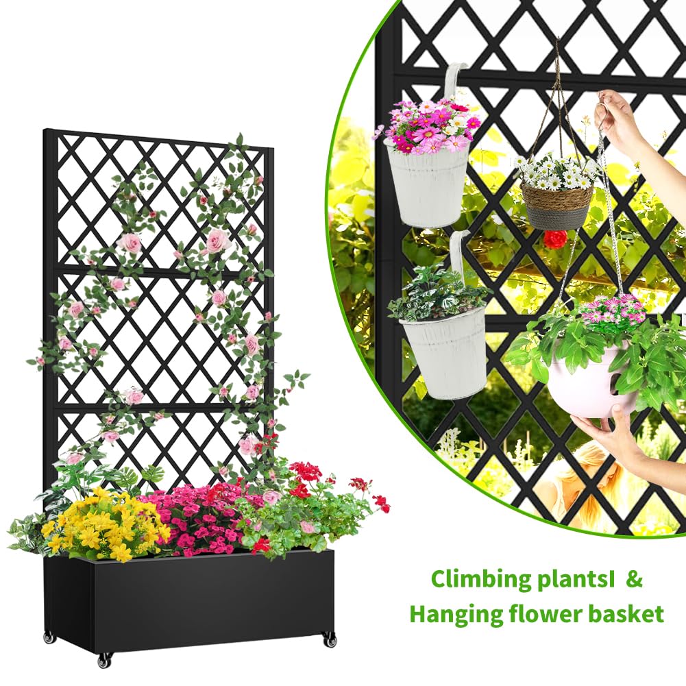 Metal Planter Box with Privacy Screen Trellis,Galvanized Raised Garden Bed On Wheels for Climbing Plants Vines, Standing Garden Flower Bed with Drainage Holes (Black, 35" L x16 W x 73" H)