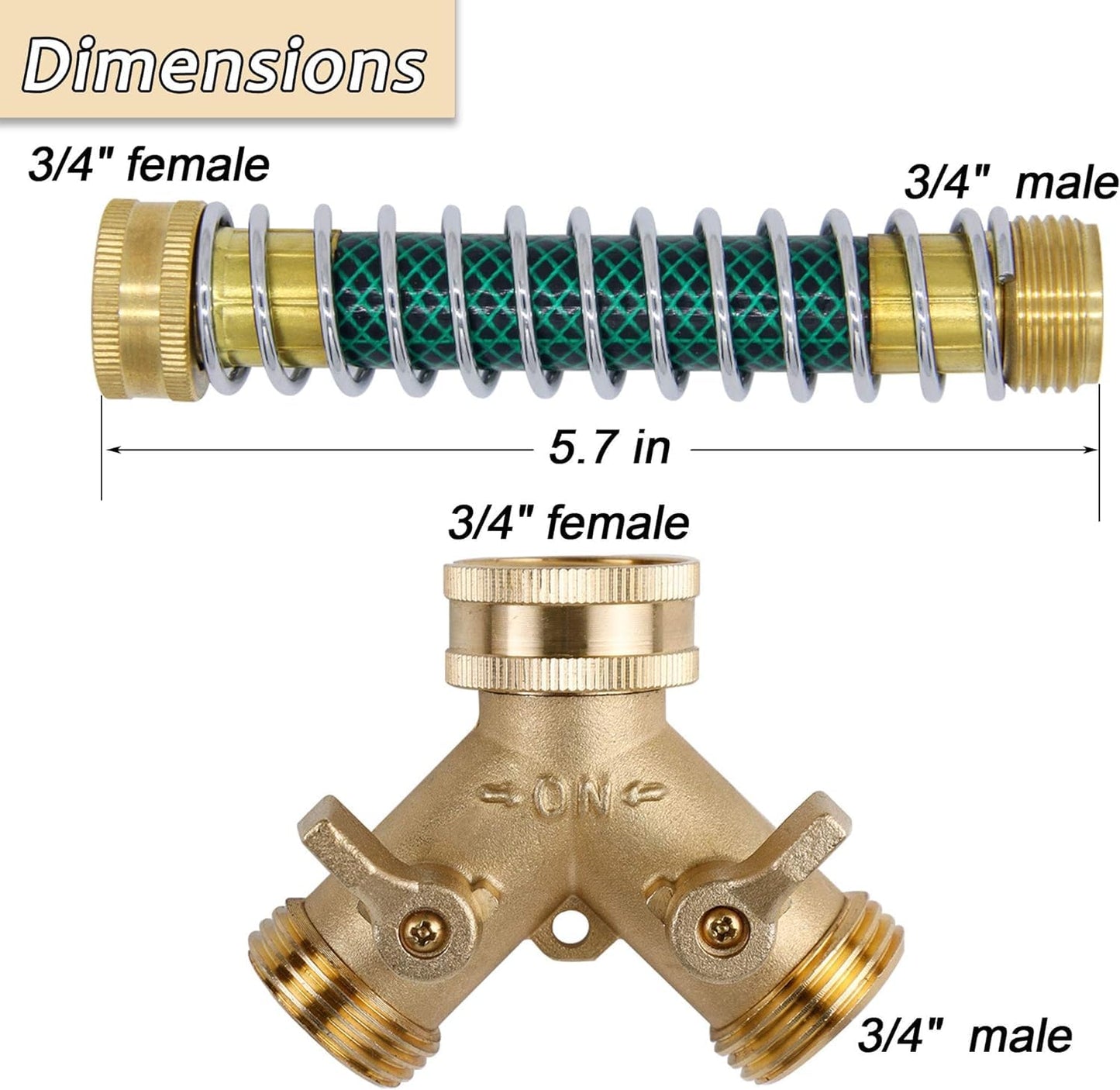 Triumpeek 3/4" Brass 2 Way Hose Splitter, Brass 2 Way Garden Hose Connector with 2 Pcs Garden Hose Coiled Spring Protectors and 6 Rubber Washers