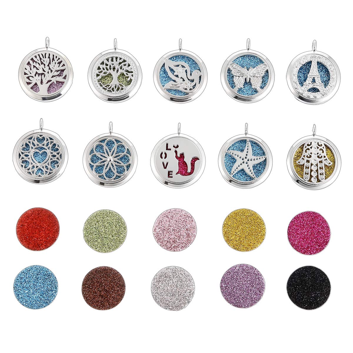 Vie jeune 10pcs Mixed Tree of Life Butterfly Aroma Diffuser Charms Stainless Steel Tone Perfume Essential Oil Diffuser Necklace Pendant Locket Jewelry (Style 7)