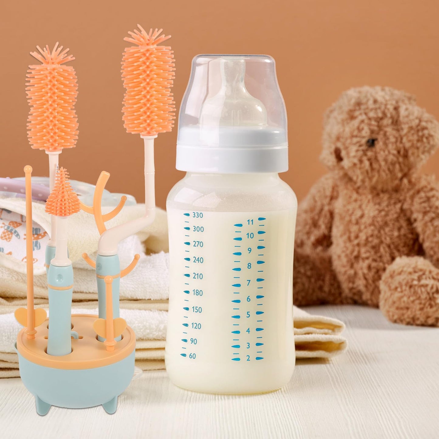 FRCOLOR Bottle Brush Set with Long Handle and Straw Cleaning Brush for Feeding, Blue Multi-piece Household Cleaning Kit with Drying Rack Suitable for Travel and Daily Use