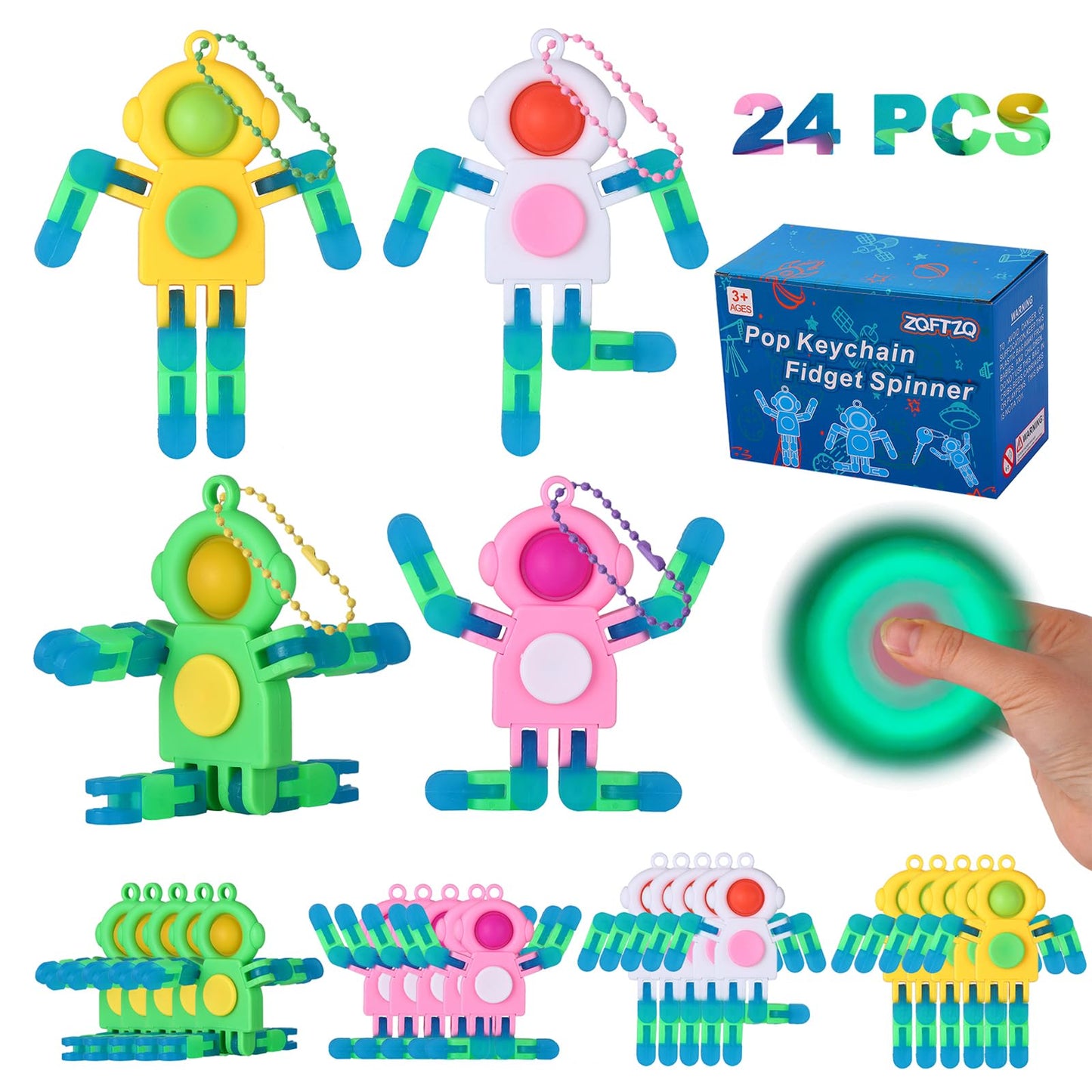 24Pcs Pop Fidget Spinners Bulk - Deformable Astronaut Fidget Spinner Keychain Robot Gyro Fidget Spinner for Kids Adults Glow in The Dark Sensory Toys Easter Party Favors Classroom Prizes