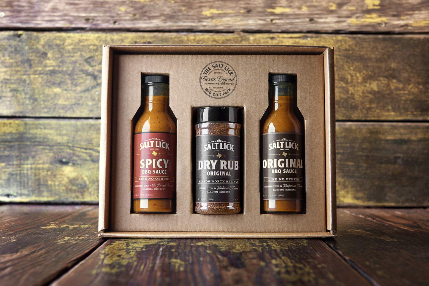 Salt Lick BBQ Sauce and Dry Rub Gift Pack - Driftwood Texas BBQ Sauces and Seasoning Set Original Dry Rub, Original and Spicy BBQ Sauce