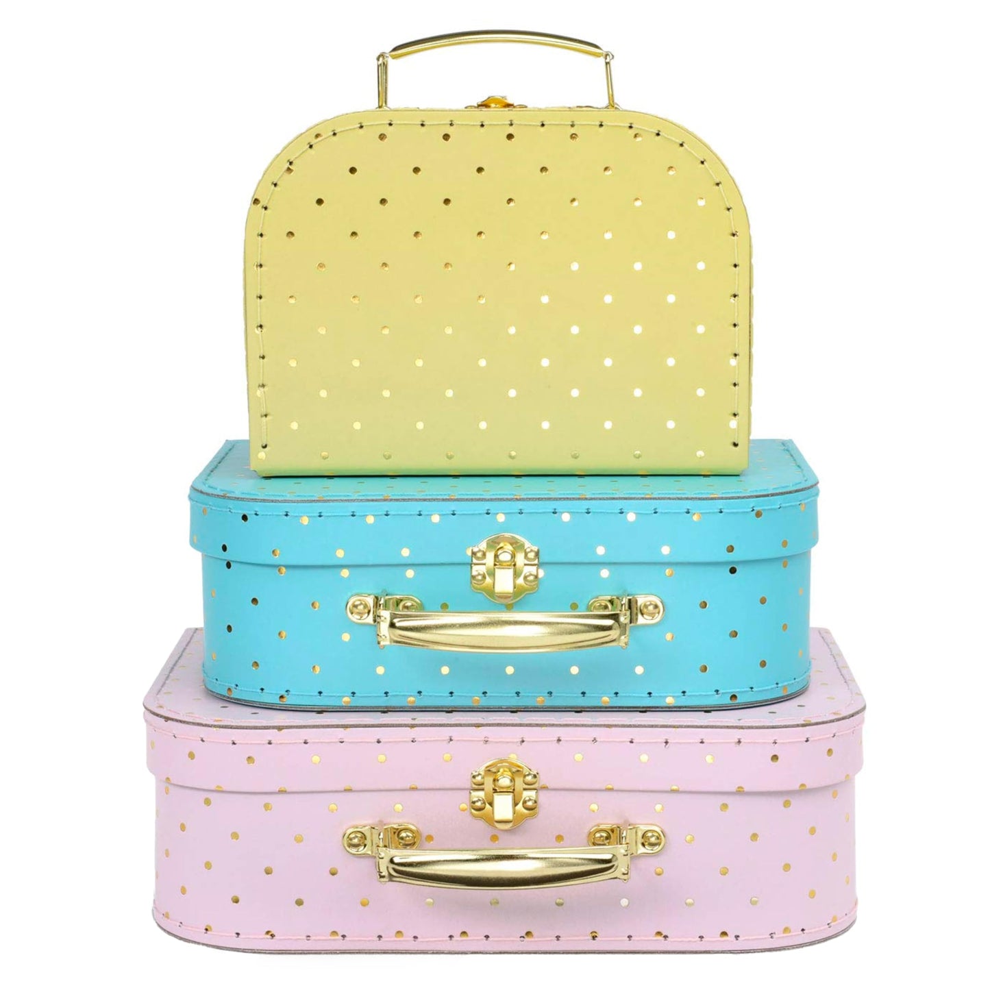 Jewelkeeper Decorative Storage Boxes Set of 3 - World Map Mini Suitcase Style Cardboard Suitcase with Brass Clasps and Handle - Ideal for Travel Decor, Event Props and Gift Presentation