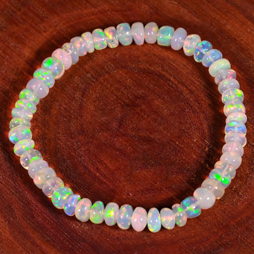 Natural Ethiopian Opal Stretchable Bracelet, Welo Fire, Smooth Beads Bracelet, Rondelle Shape, Milky White with Play-of-Color, 5 Inch