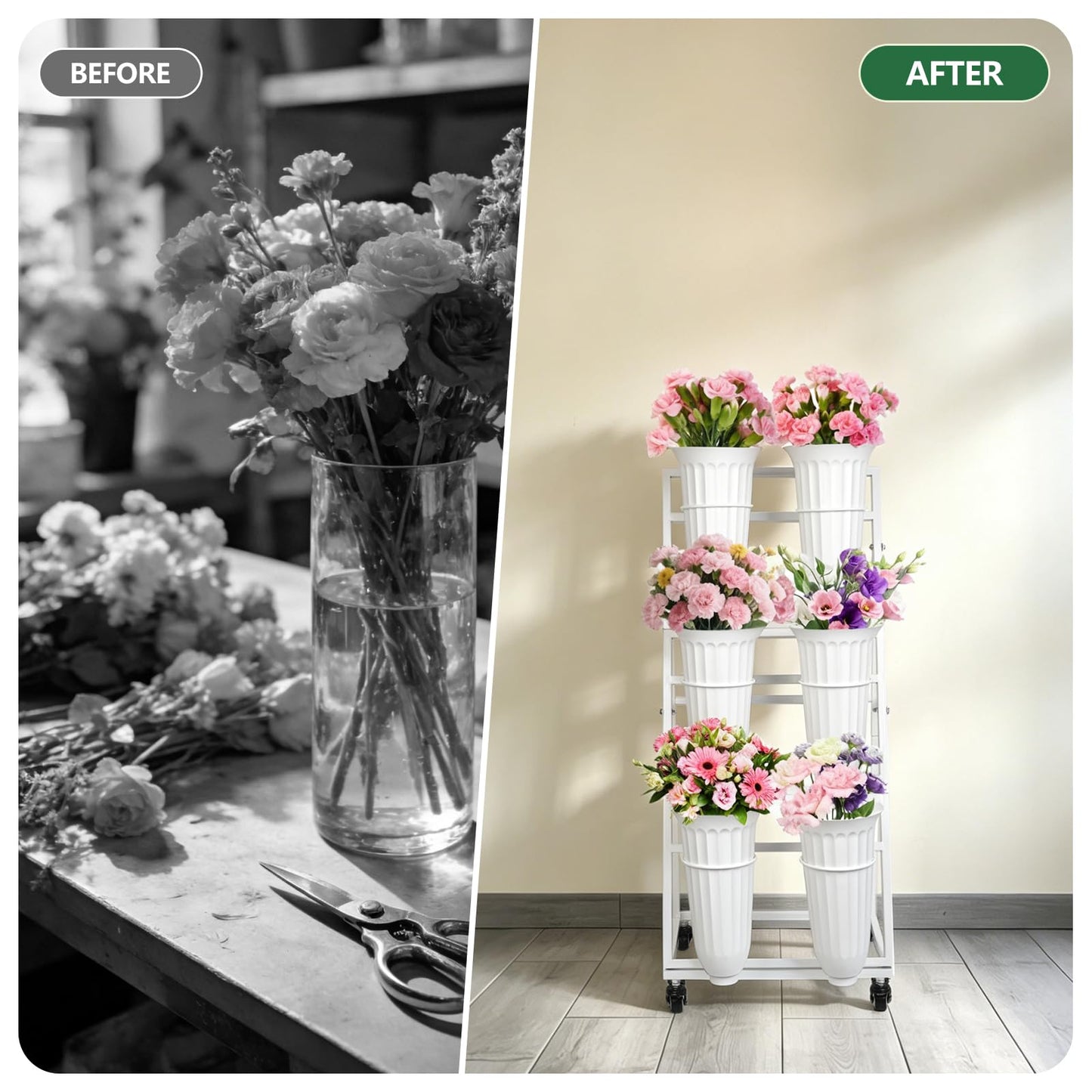 ZpigToor Flower Display Stand With 6 Buckets,Flower Bar with Wheels,Flower Cart Display Stand for Florist Garden Wedding Home Decor (White)