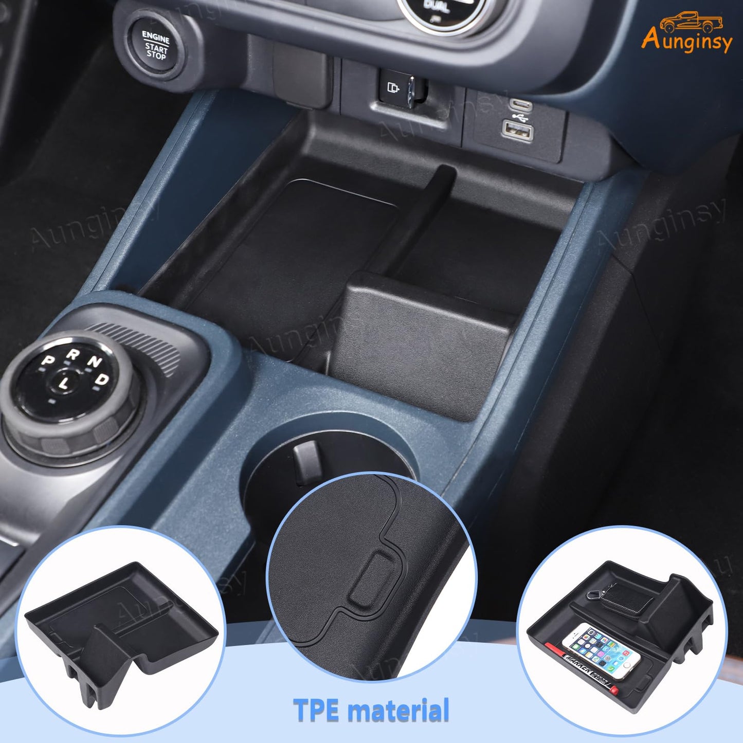 Aunginsy Car Center Console Shifter Storage Tray Compatible with Ford Maverick 2022-2026, Not Fit 2025+ Model with Wireless Charge, Gear Shift Groove Shock Pad Organizer Storage Box Insert Accessories