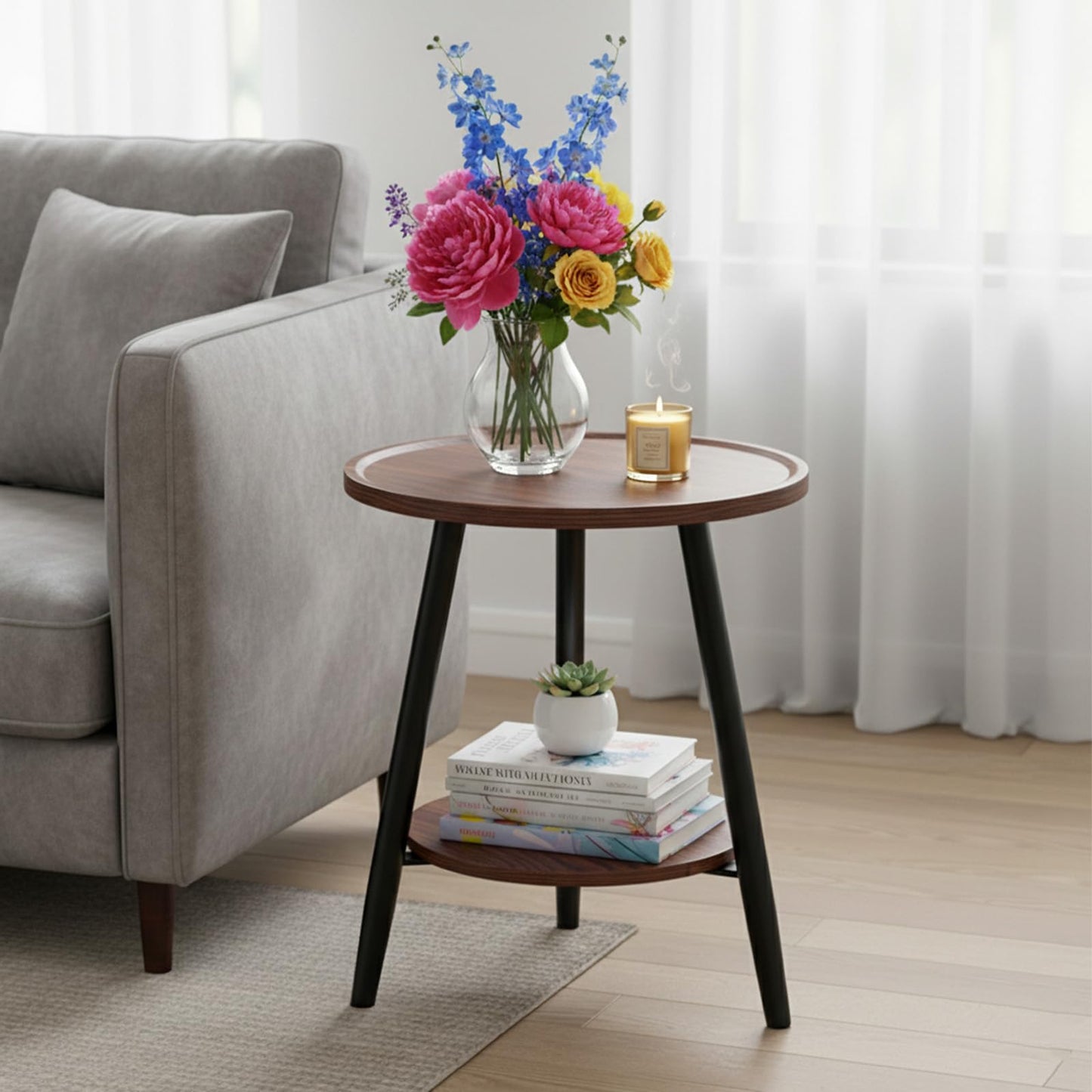 ShellKingdom Small Round Side Table, 2 Tier Wood End Table for Indoor Outdoor Bedroom Living Room Home Office Nightstand with Metal Frame (Walnut)