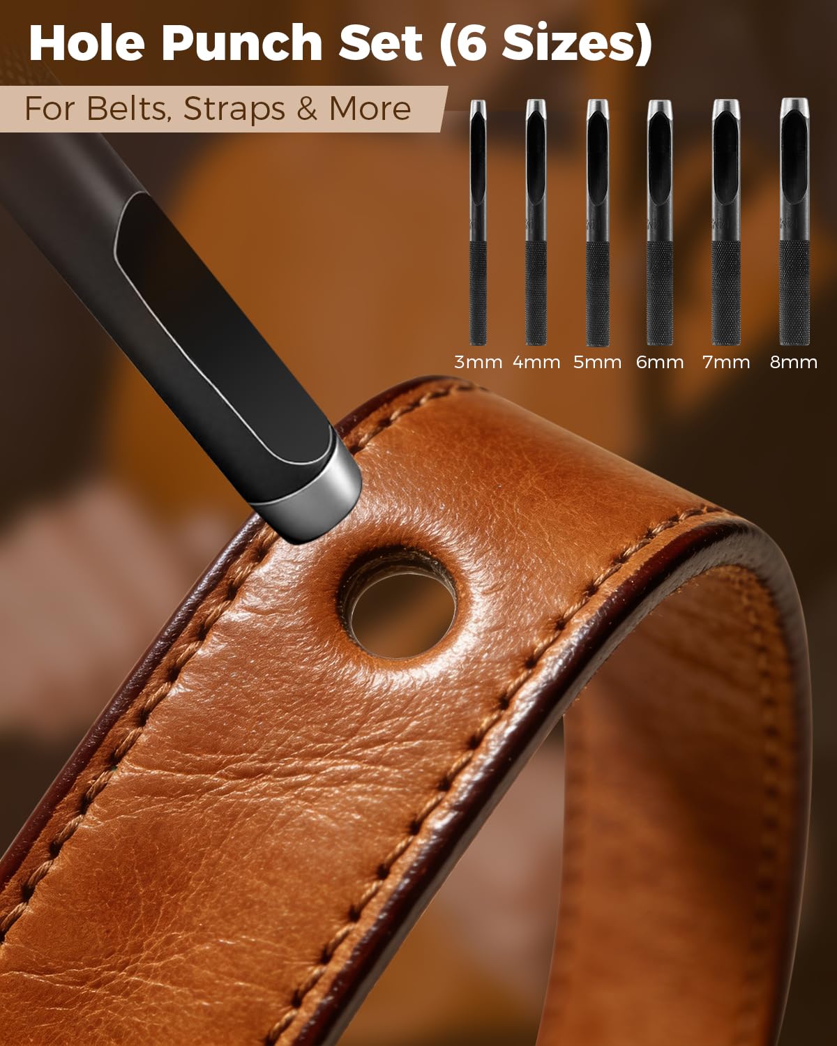 SakerNeo Leather Working Tools - 101pcs Stainless Steel & Wood Handle Sewing kit with 4mm Stitching chisels (1/2/4/6), 18 Waxed Thread, Hole Punch & Stamping Tools for DIY Wallet Belt Bag Repair