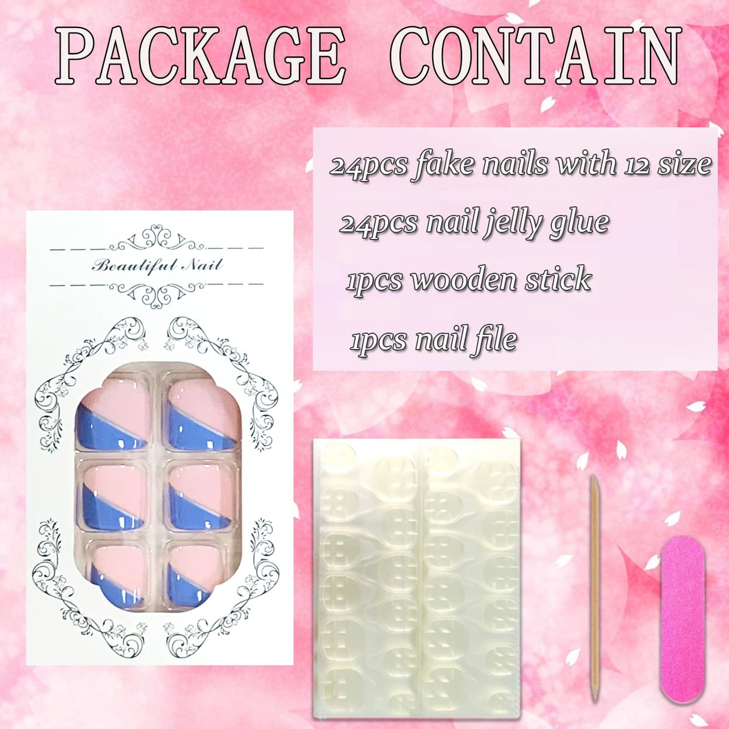 FIEONCIY 24pcs Press-On Square Acrylic False Nails Set with Glue, Blue French & Silver Line Designs, Spring/Summer Style, Full Cover Nails, Multicolor, Women's DIY Manicure Decorations