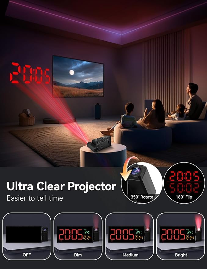 Netzu Projection Clock for Bedroom Ceiling, Alarm Clocks Black