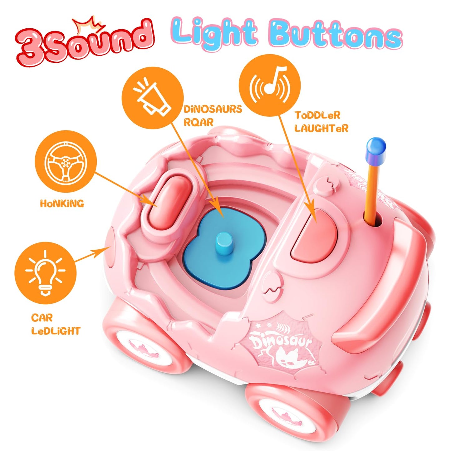 Kidz do 2 Pack Pink Dinosaur Remote Control Car Toys, Easter Present Birthday Gifts for Boys Girls 2 3 4 Years Old, Dino RC Car with Music and Light, Toddlers Toys for Kids 2-4 Year Old,(Pink Blue)