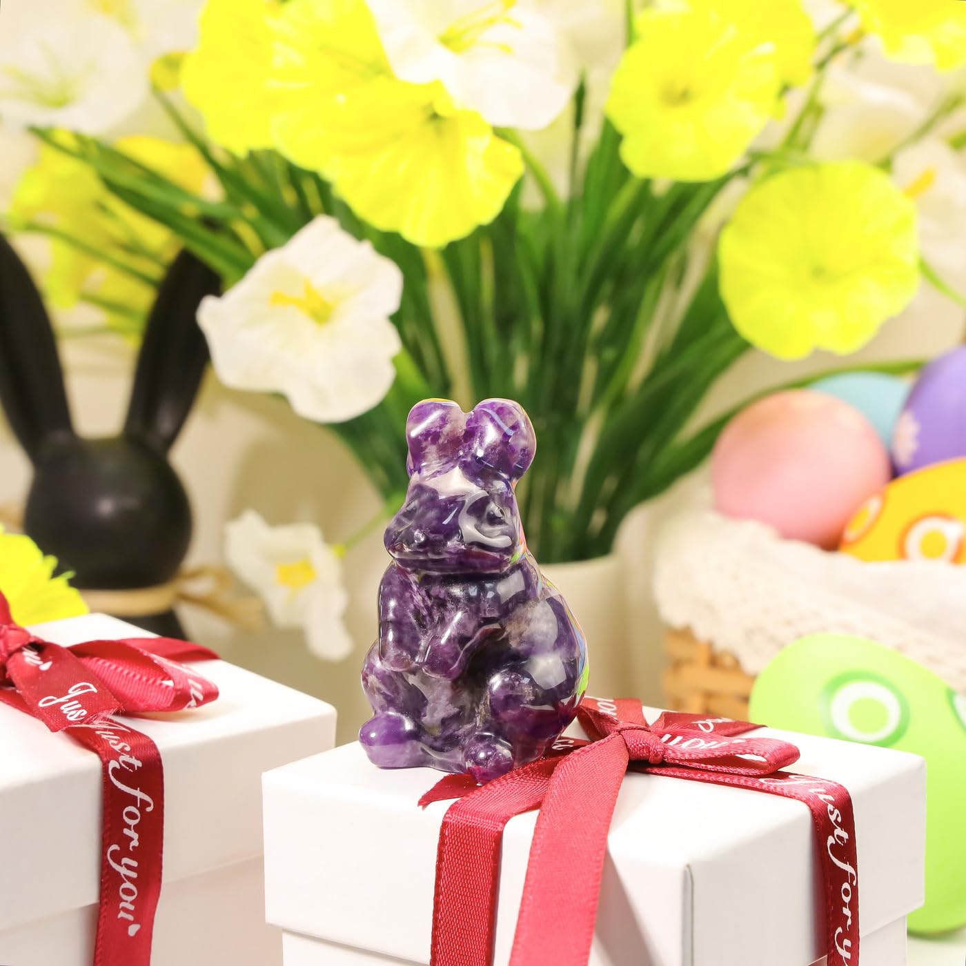 DUQGUHO Bunny Decor Easter Rabbit Decor Crystals Easter Gifts Decoration Bunny Statue Amethyst Crystals Figurines Bunny 1.5’’