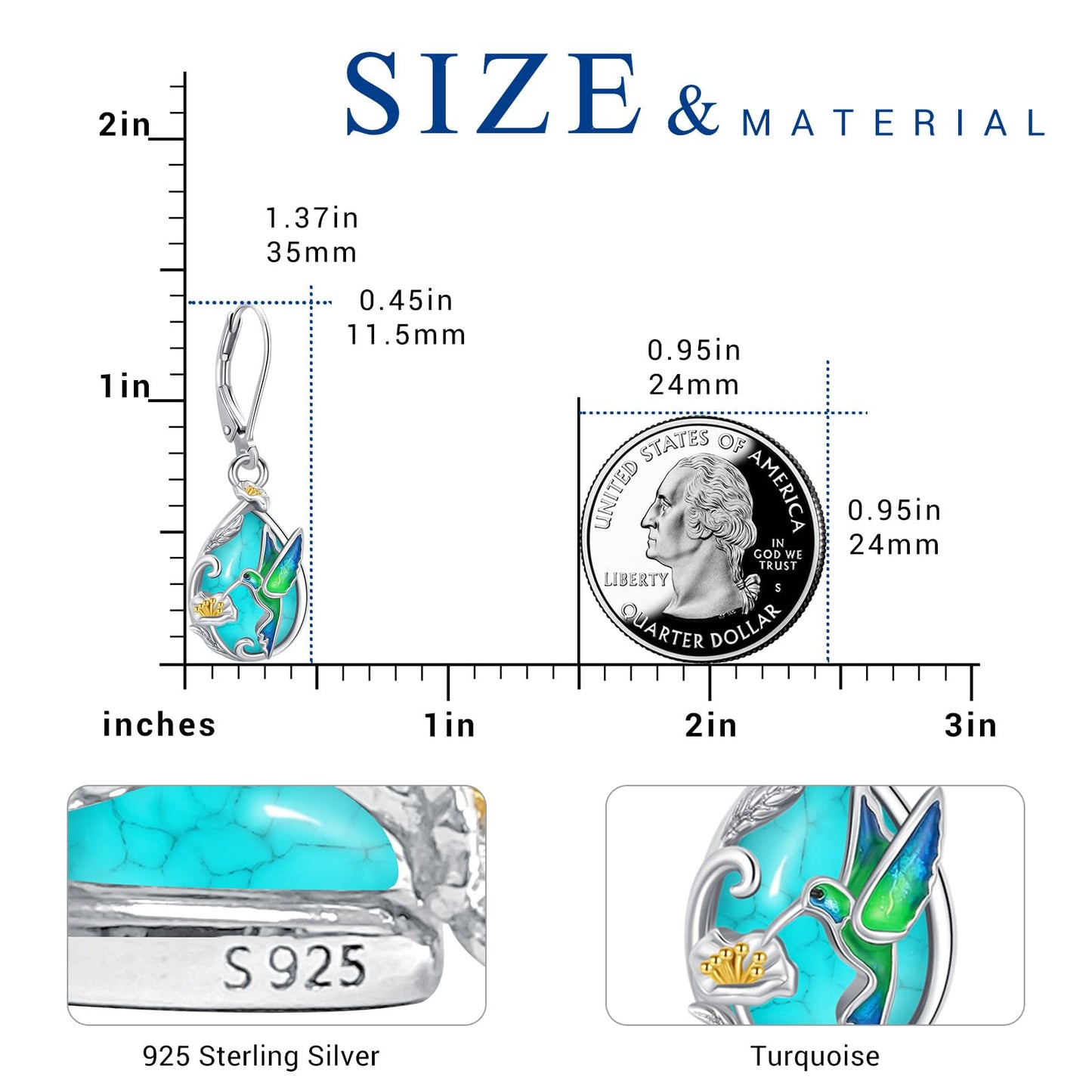 Eusense Turquoise Earrings Sterling Silver Hummingbird Earrings for Women Teardrop Drop Elegant Nature-Inspired Hummingbird Jewelry Gift