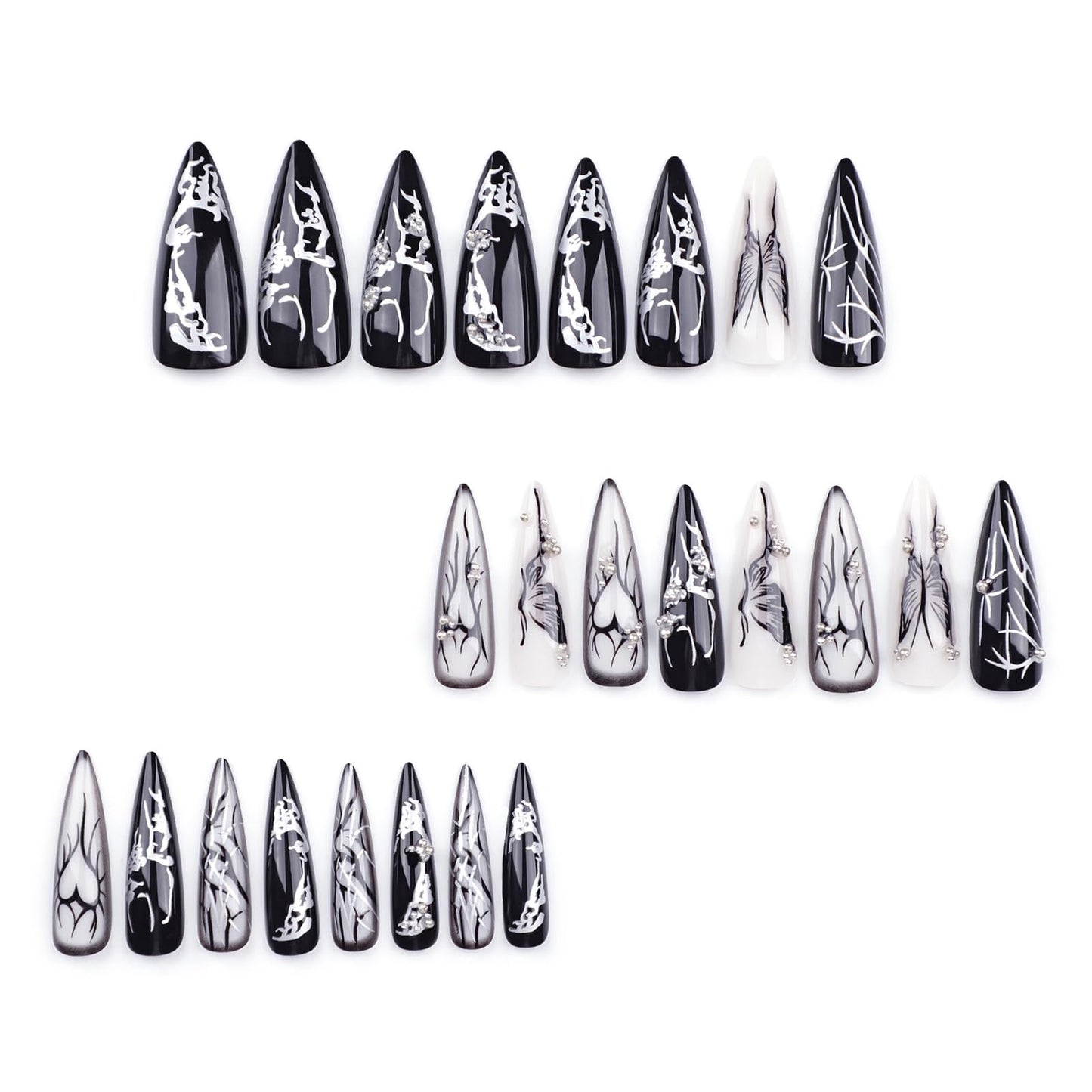MISUD Press on Nails - Long Stiletto Glue on Nails with Goth Black, Acrylic Gothic Butterfly Design 24 pcs