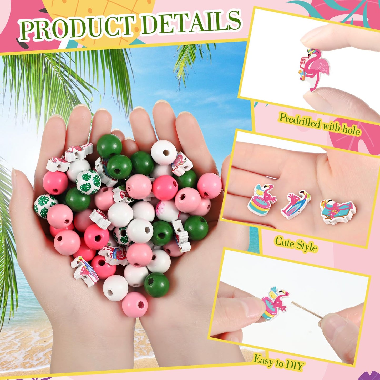 Tradder 200 Pcs Flamingo Summer Beads Round Wood Beads with Palm Leaves Polished Hawaii Tropical for Jewelry Making, DIY Crafts, Home Decor, Spring & Summer