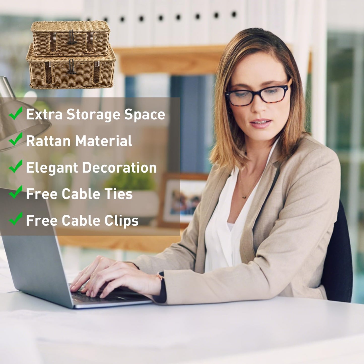 2 Pack Rattan Cable Management Box, Large Cord Organizer Box with Lid Under Desk Router Hider Storage Box with 4 Exits, Wire Box Hider for TV Wires Computer Surge Protector USB Hub Power Strip