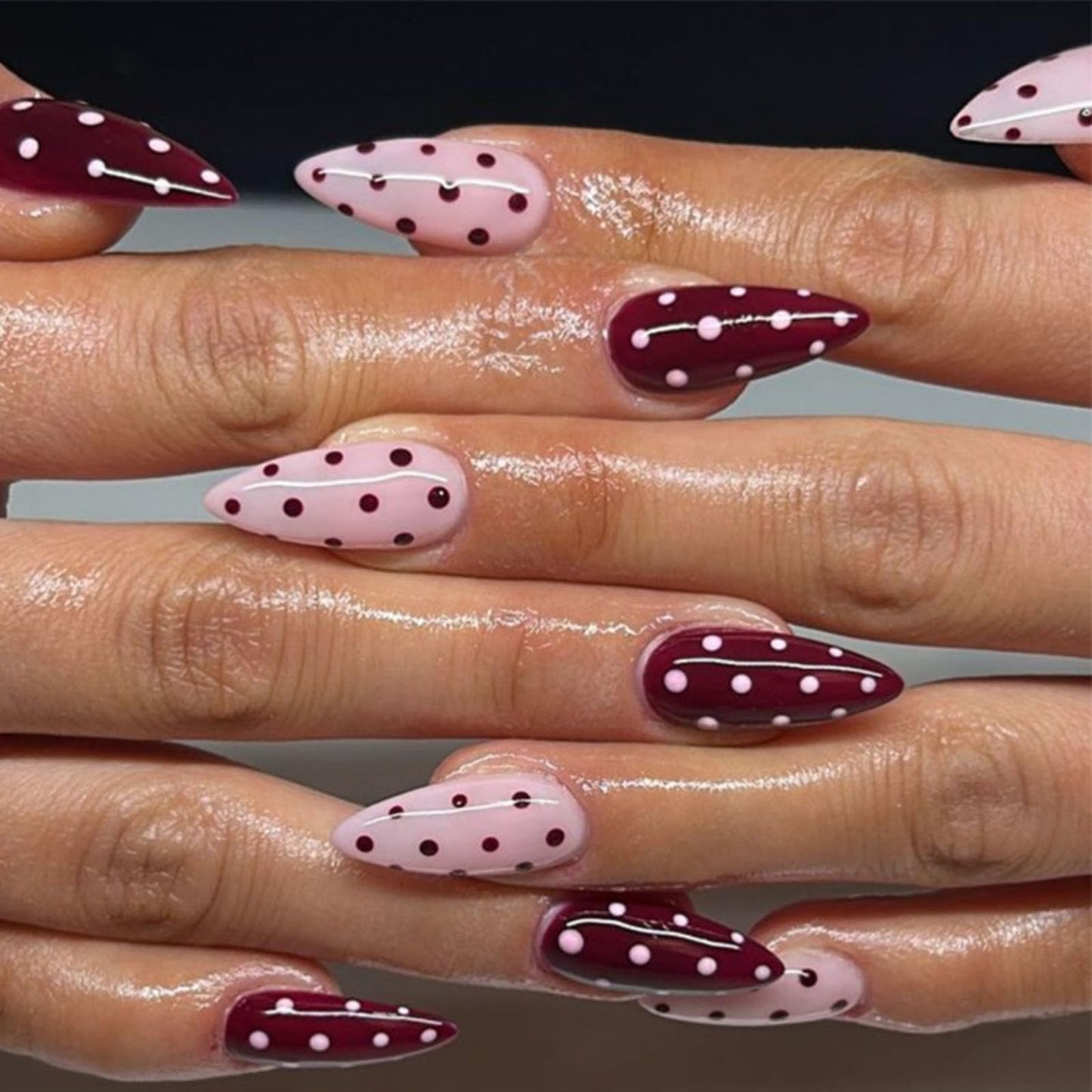 IMSOHOT Press on Nails Medium Almond Fake Nails with Polka Dot Pattern Designs Cute Pink Red Glossy Glue on Nails Acrylic False Nails for Women Nail Decoration