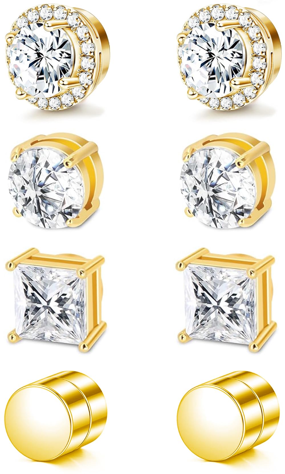 SIISPRI Magnetic Stud Earrings for Women Men, Non-piercing CZ Halo Studs, Hypoallergenic 18K Gold Plated Surgical Steel Clip on Stud Earrings Set for Sensitive Ears (Gold Tone-Set)