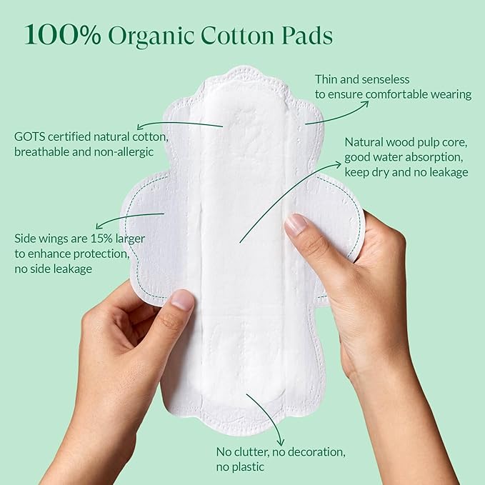 Feminine Care Bundle, Period Essentials 100% Organic Cotton Pads for Women, Size 2,3,5 Sanitary Napkins 124 Ct, Flushable Gentle Feminine Wet Wipes, Plant-Based Soothing Feminine Wash