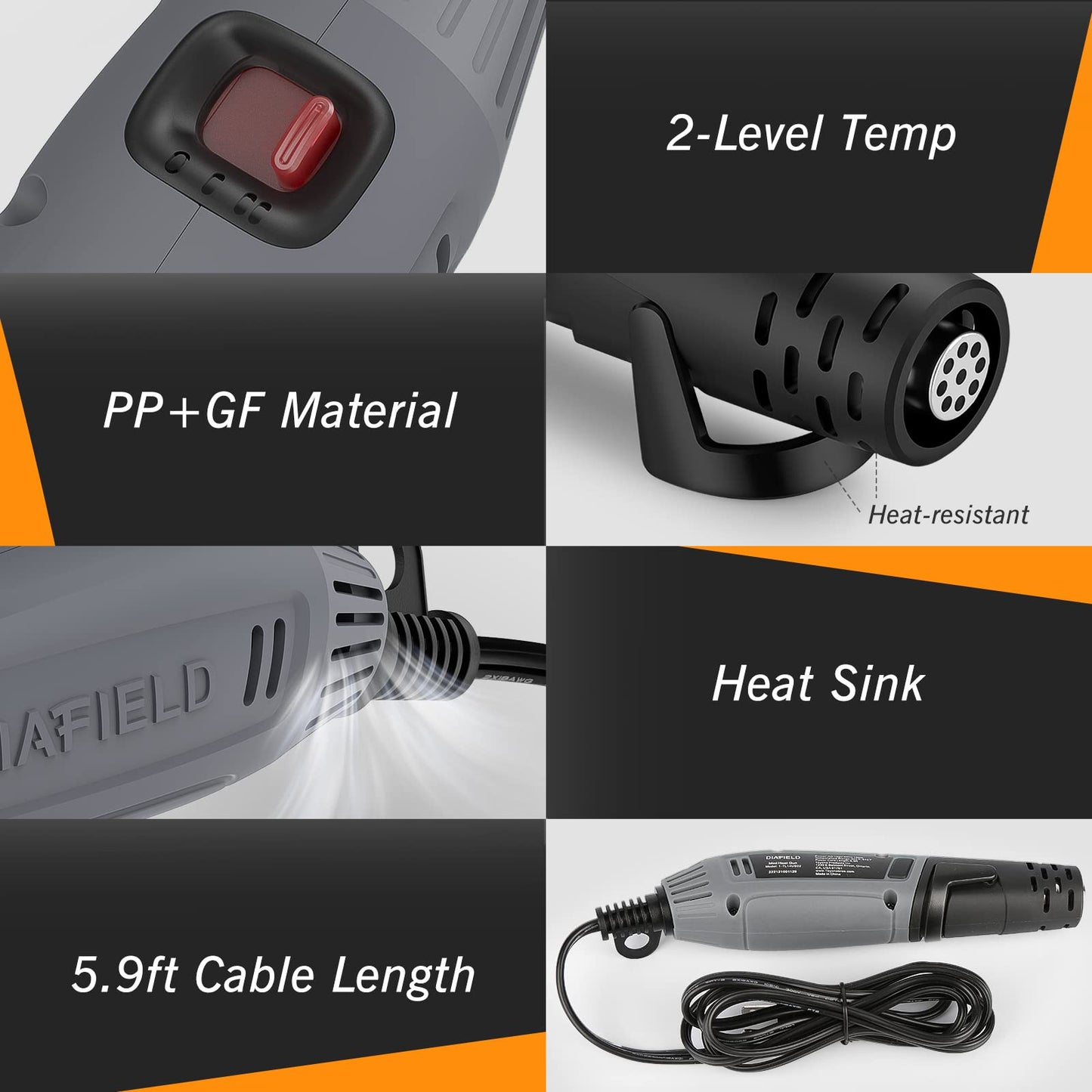 DIAFIELD Mini Heat Gun, 2 Temp Setting 302℉-842℉ Fast Heat Hot Air Gun Tool with Reflector Nozzle and 5.9Ft Cable Overload Protection for Epoxy Resin, Craft, Embossing, Shrink Wrapping & DIY