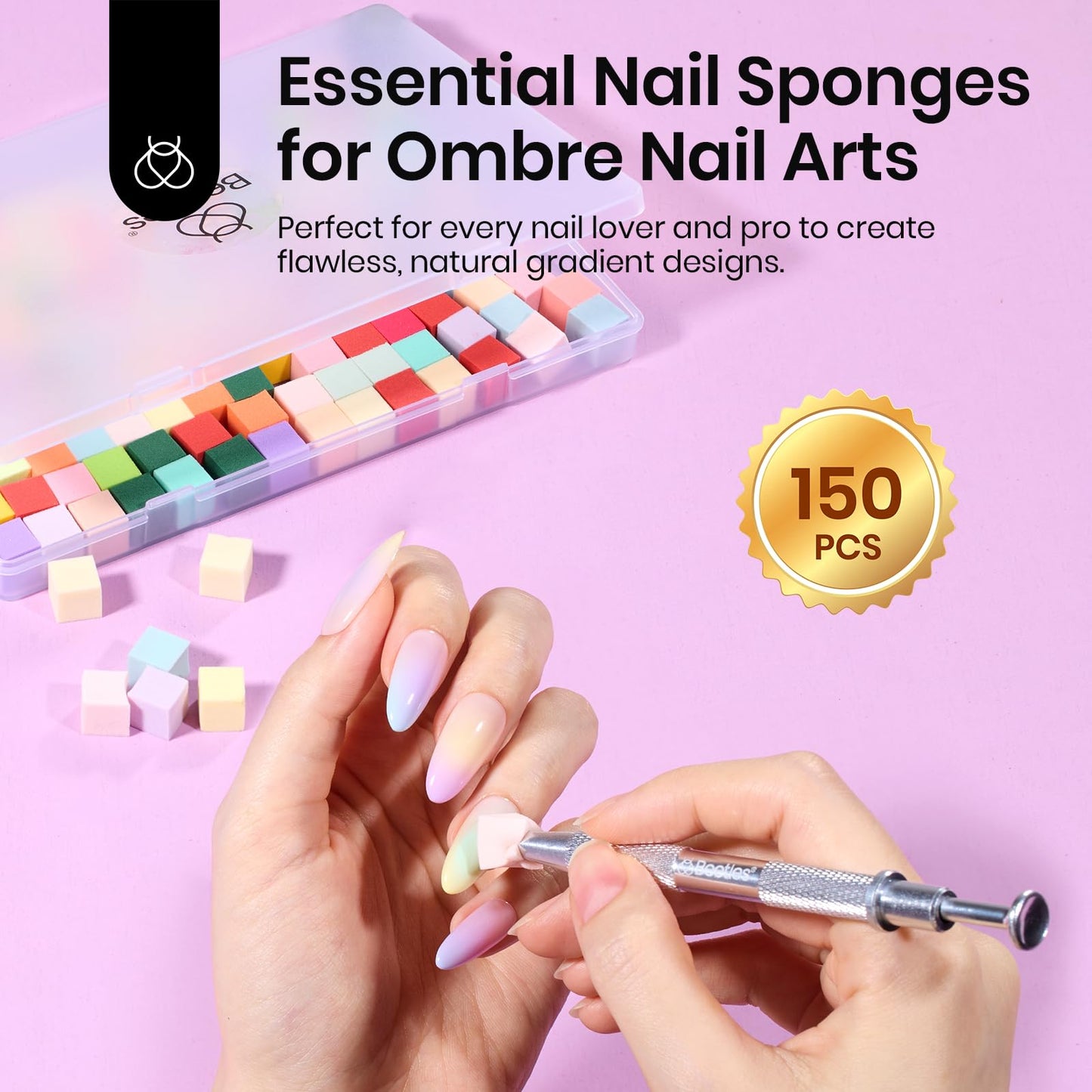 Beetles 150Pcs Soft Nail Sponges for Ombre, Colorful Nail Sponge wit & 31pcs Nail Art Brushes, Dotting Tools, Nail Art Pens, Dust Brush