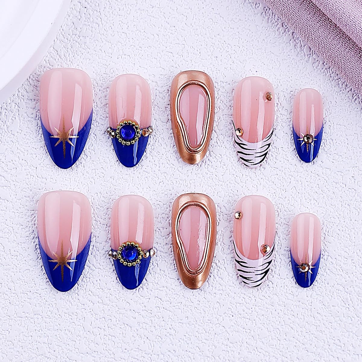 Medium Almond Press on Nails Blue French Tip Fake Nails with Gold Star Design Nude Pink Nails press ons Acrylic Glossy Stick on Nails for Women, Luxury Boho Style 30Pcs
