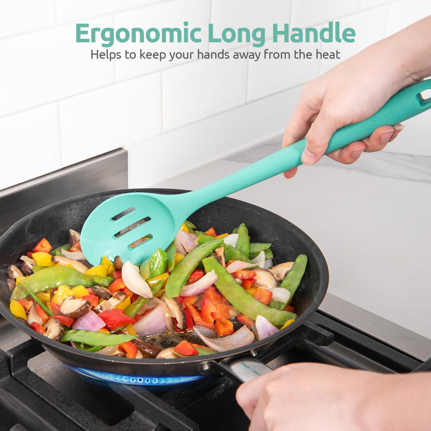 600ºF Heat Resistant Silicone Spoons: U-Taste 13.3in Solid & Slotted Kitchen Cooking Tool, Nonstick Long Rubber Utensil, Sturdy for Mixing, Serving, Stirring, Frying, Basting (Aqua Sky, 2PCS)
