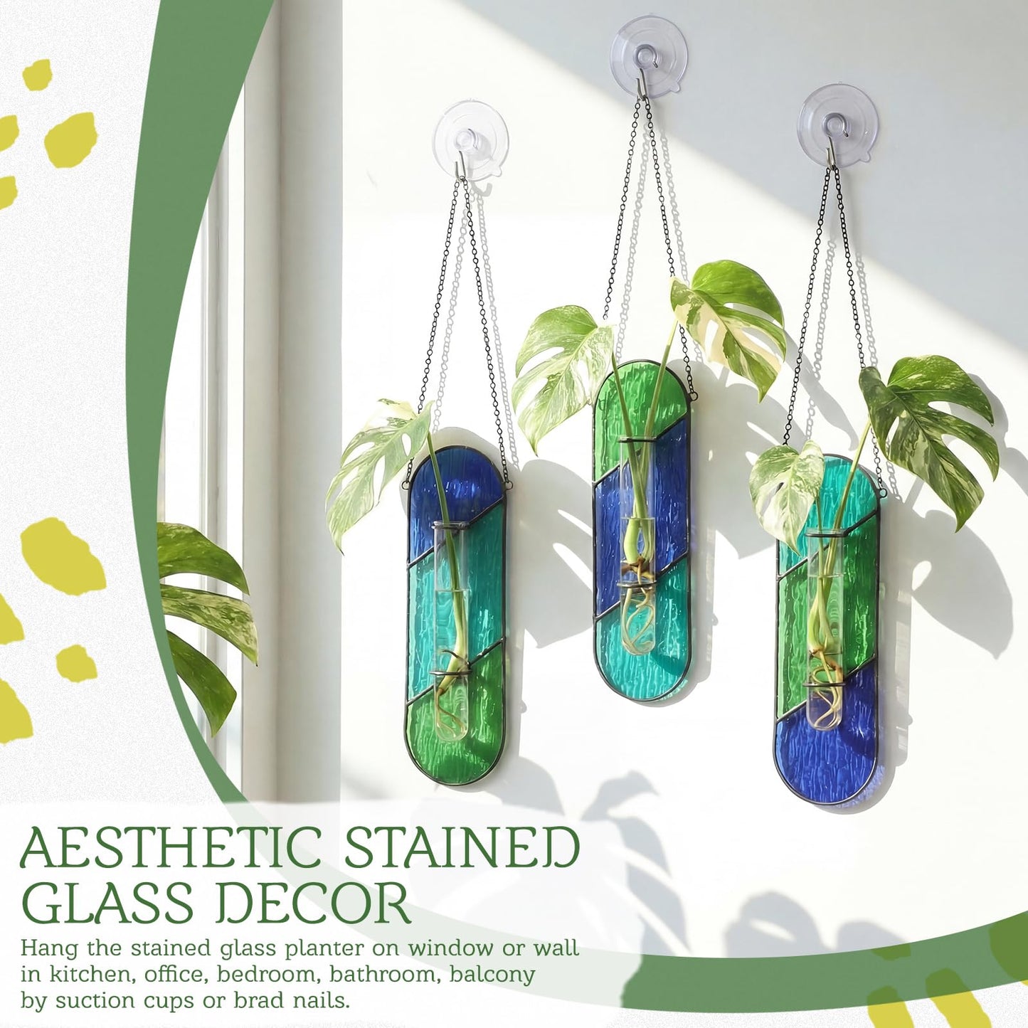 Hushee 3 Pcs Stained Glass Plant Propagation Station Hanging Window Propagation Station Planters with Glass Tubes Hydroponic Planter Terrarium Holder Window Decor for Indoor Home Garden Decor