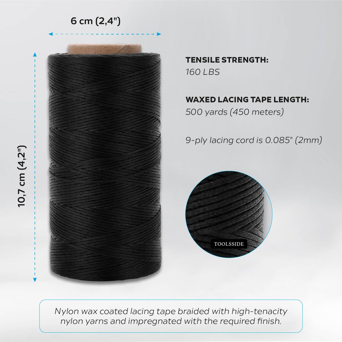 TOOLSSIDE 9-Ply Black Waxed Twine 1500 Feet/500 Yard Wax Lacing Cord Nylon (210D Polyester) - 160 LBS Tensile Strength Black Twine String for Crafts, 1-Roll