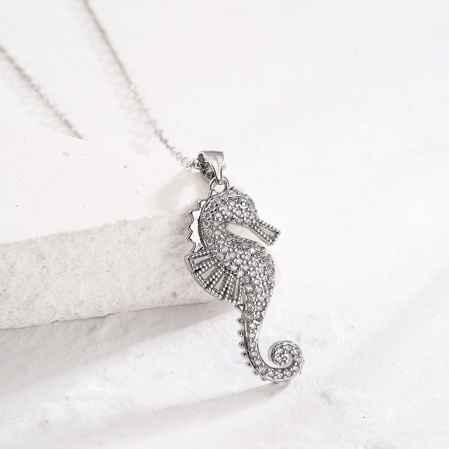 cmoonry 18K Gold Plated CZ Zircon Seahorse Pendant Necklace For Women 17.7"+2" (White Gold)