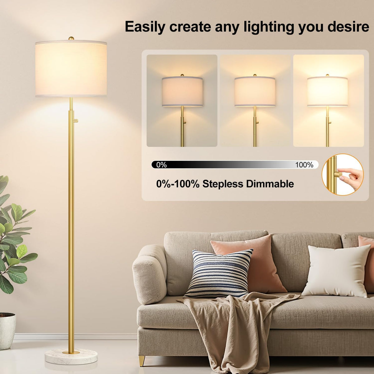 【Upgraded】Dimmable Gold Floor Lamps for Living Room, 11W LED Bulb Included, Modern Standing Lamp with Marble Base, Tall Pole Light with White Linen Shade for Bedroom Reading Office Corner Nursery