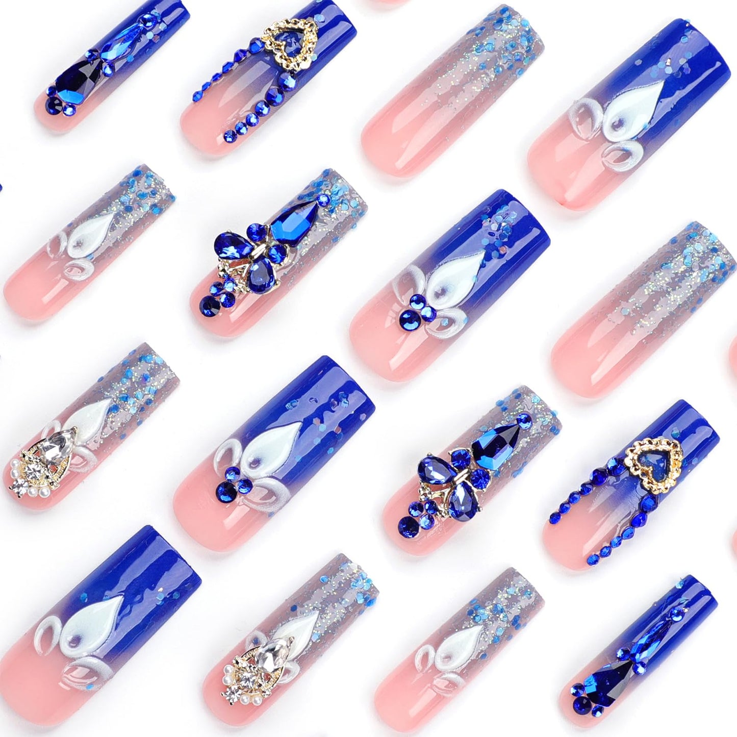 IMRAIN Press on Nails Long Square Fake Nails - Blue Gradient, Glitter Powder, Luxurious Butterfly Rhinestone Designs Full Cover Artificial Acrylic Reusable False Nails for Women 24Pcs
