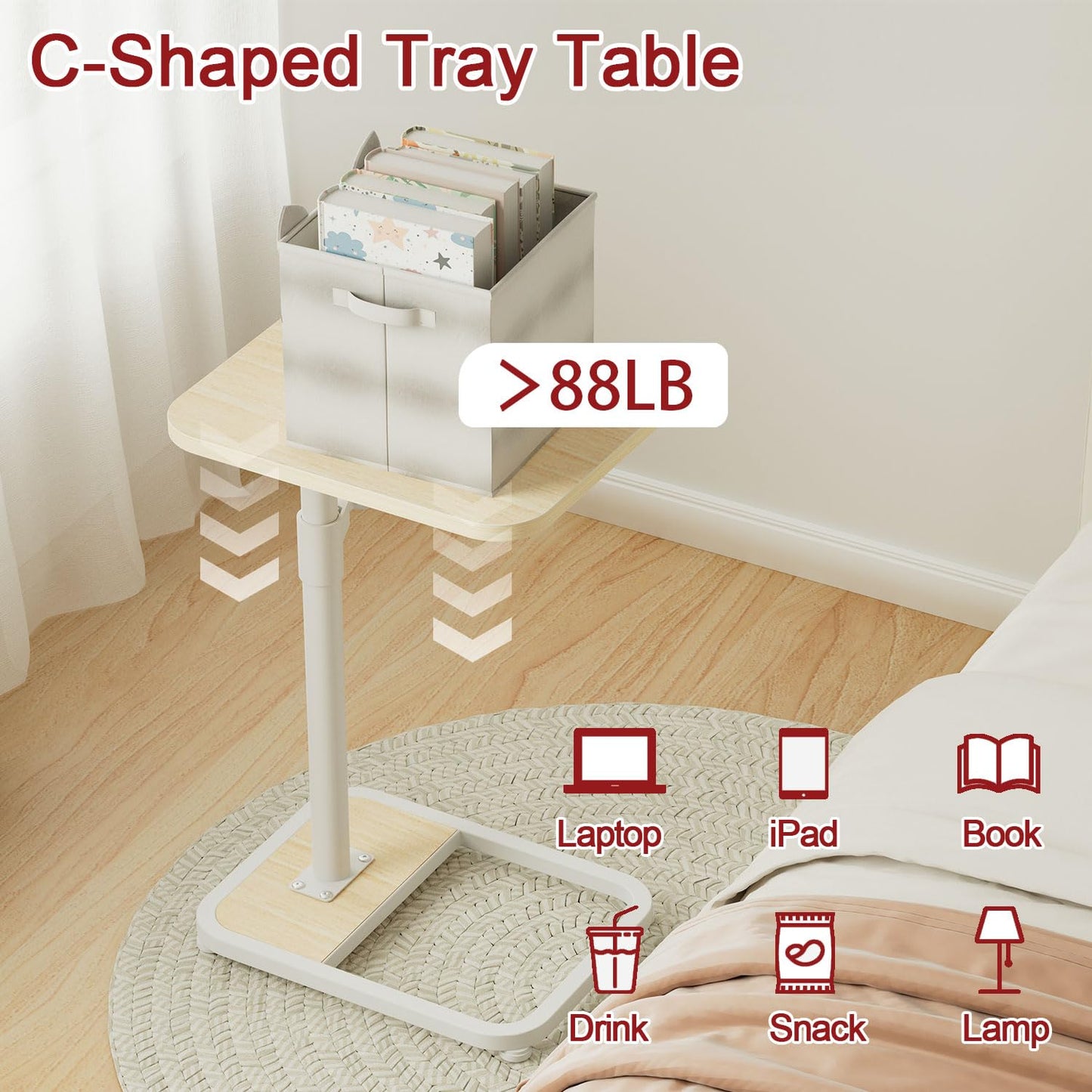 GOYLSER C Shaped End Table for Couch, Height Adjustable Rotatable Couch Tray Tables Sofa Table Tv Trays for Bedroom, Natural Wooden Swivel Side Table for Small Spaces