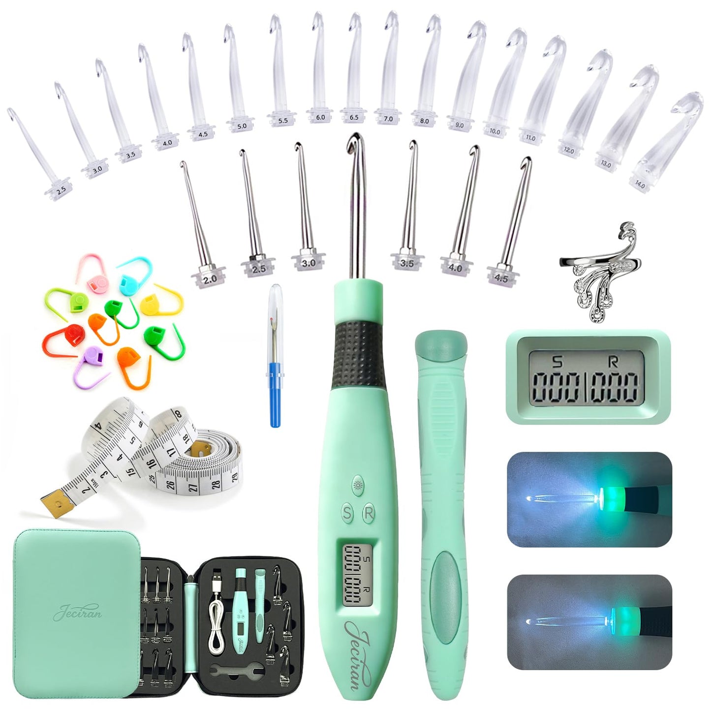 Jeciran 24 Interchangeable Heads Light Up Crochet Hook Set with Digital Stitch Counter,Ergonomic Rechargeable LED Crochet Hooks for Dark Yarn & Arthritic Hands,Knitting Tool Kit,Gifts for Crocheters