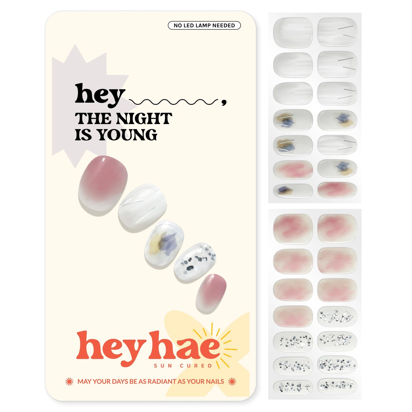 Heyhae Semi Cured Gel Nail Strips | No LED Lamp Needed | Glam, Pink, Spring | Easy Apply & Remove, Salon Quality | Includes 28 Strips, 1 Prep Pads, Nail File & Wooden Stick - Hey, The Night is Young
