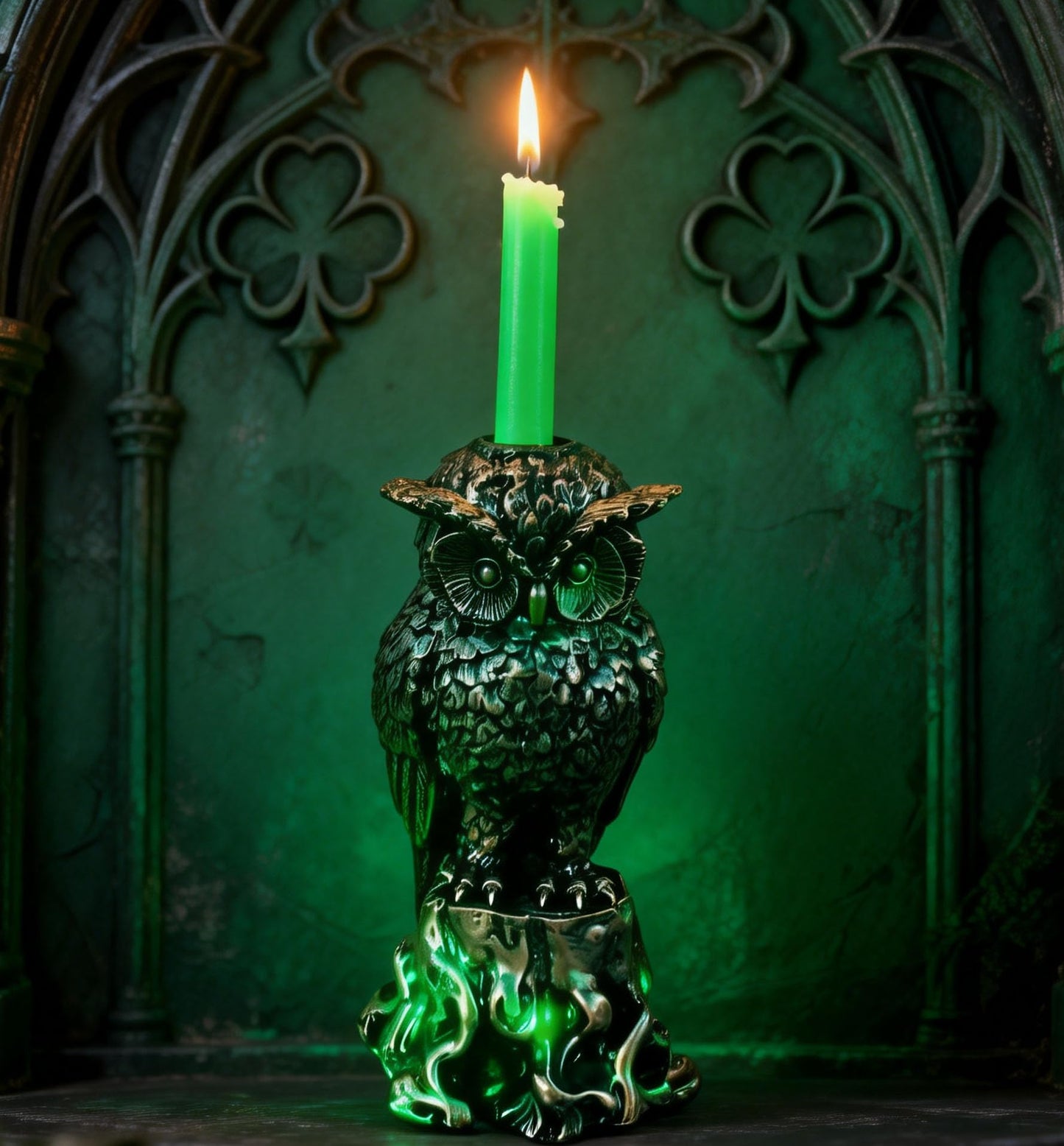Gothic Owl Candle Holder Statue– Day Decor Witchy Occult Altar Decoration, Bird of Minerva Green Shamrock Candlestick Tabletop Candelabra Statue for Home Room (Owl)