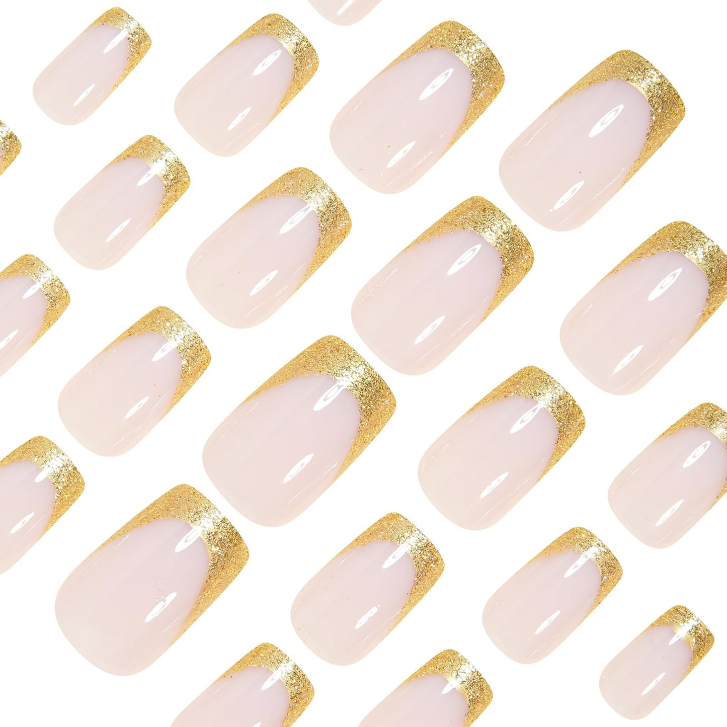 MISUD Press on Nails - Short Square Fake Nails with Bling Gold Glitter, Acrylic French Tip Design 24 pcs