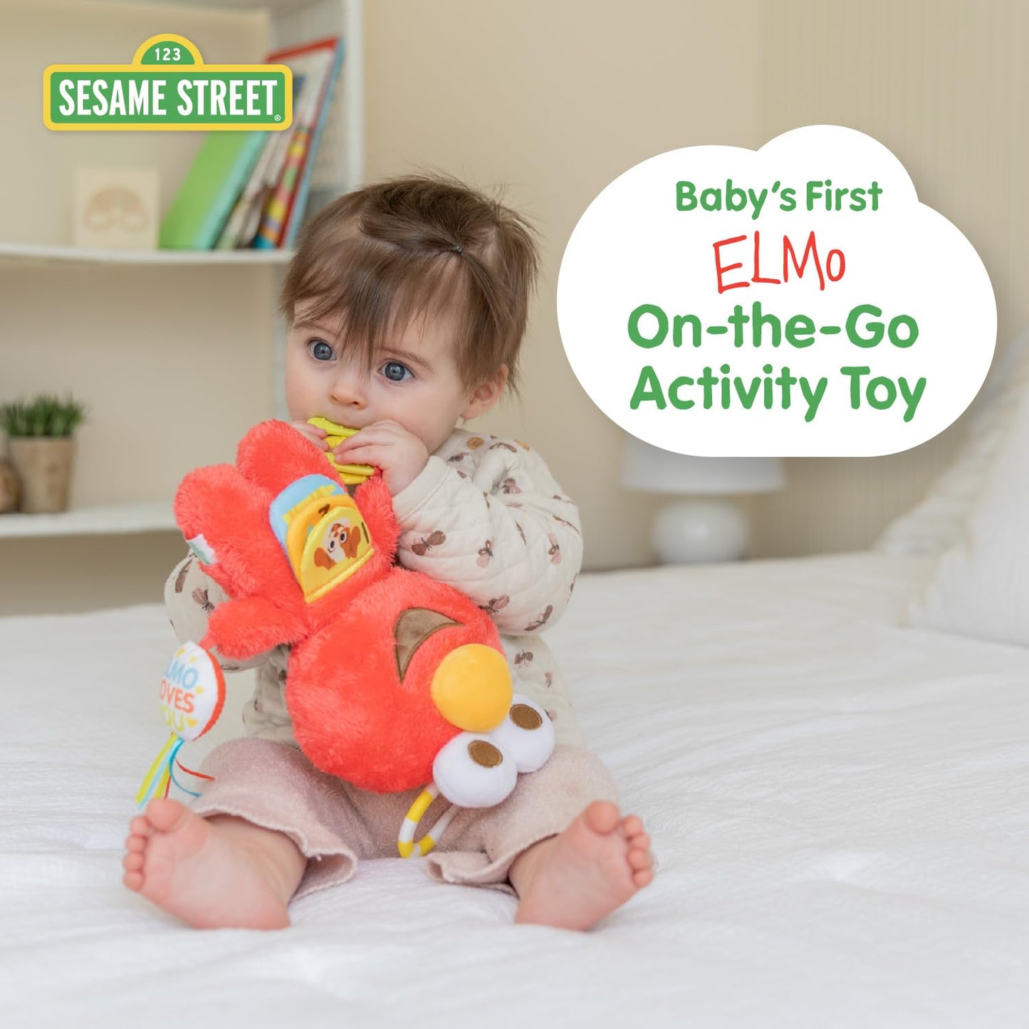 Kids Preferred Sesame Street Elmo Activity Toy with Teething Rings, Crinkle Sounds, and On The Go Clip for Babies and Infants