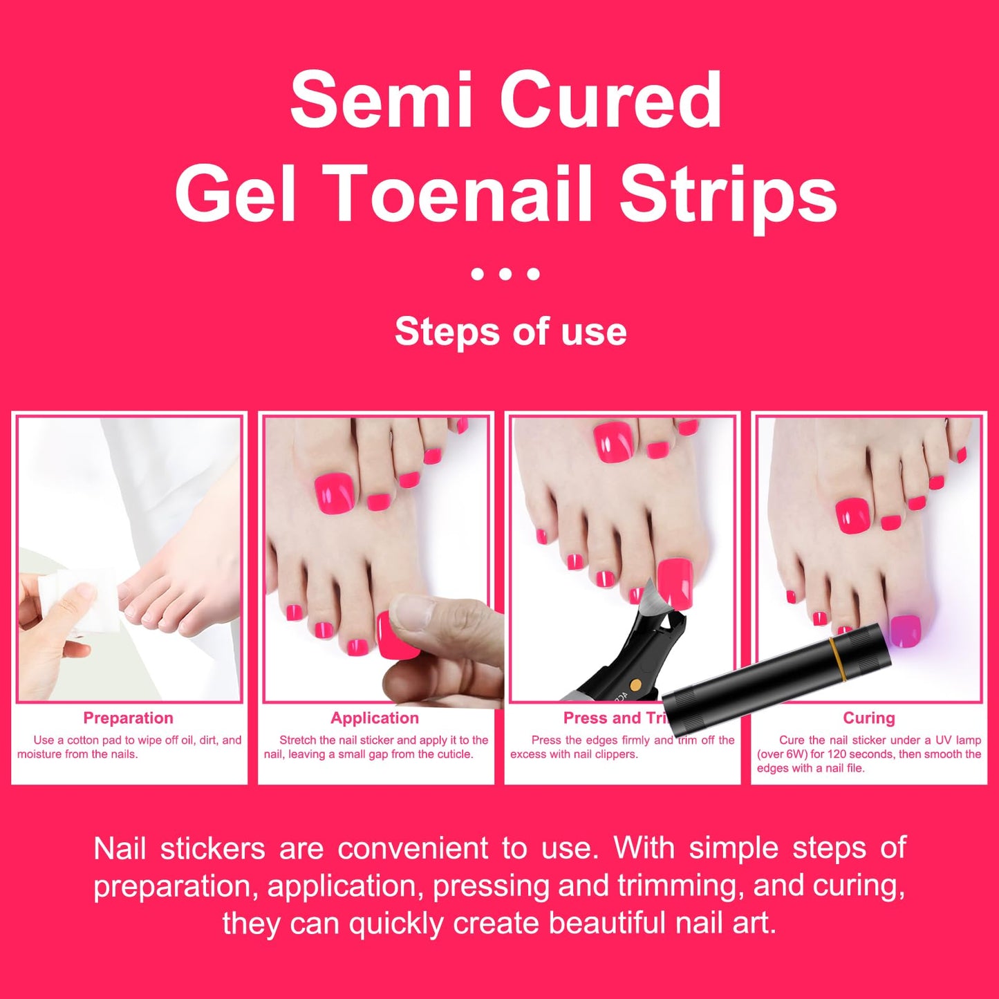 SILPECWEE Semi Cured Gel Nail Strips, Toenails Stickers Full Nail Wraps UV Light Required, Salon Quality, Easy to Apply & Remove, Toenail Strips for Women Girl (Dreamy Pink - 32PCS)